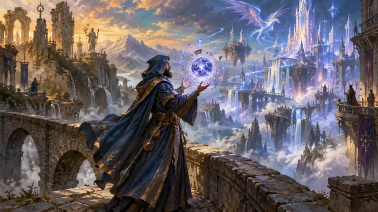 A hooded wizard on a stone bridge conjures a glowing purple crystal above a vast fantasy city of floating towers, waterfalls, mountains, and a luminous flying dragon.