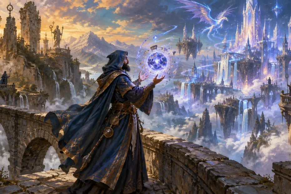A hooded wizard on a stone bridge conjures a glowing purple crystal above a vast fantasy city of floating towers, waterfalls, mountains, and a luminous flying dragon.