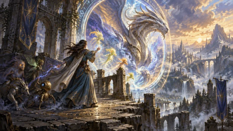 Painterly fantasy scene of a robed mage and small creatures before a glowing portal containing a colossal white dragon, overlooking ruined arches, banners, and a distant mountain city at sunset.