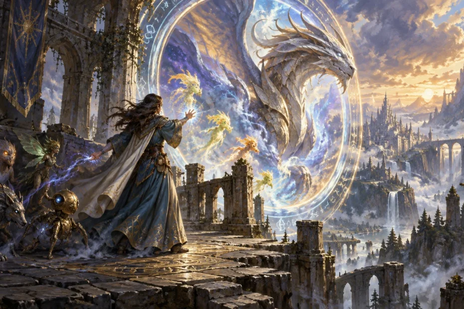 Painterly fantasy scene of a robed mage and small creatures before a glowing portal containing a colossal white dragon, overlooking ruined arches, banners, and a distant mountain city at sunset.