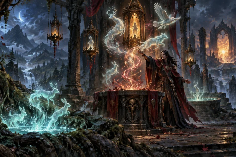 Wide fantasy scene of a red-robed sorcerer beside a stone altar in ruined arches, summoning glowing spectral deer, rabbits, foxes, and an owl above a moonlit mountain valley.