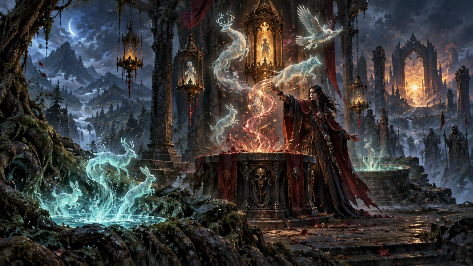 Wide fantasy scene of a red-robed sorcerer beside a stone altar in ruined arches, summoning glowing spectral deer, rabbits, foxes, and an owl above a moonlit mountain valley.