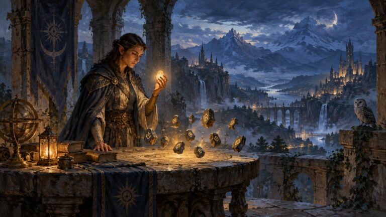 Painterly fantasy scene of a robed elf-like scholar studying glowing floating rune stones over a carved table, with lanterns, books, an owl, waterfalls, a distant illuminated city, and snowy mountains beneath a crescent moon.