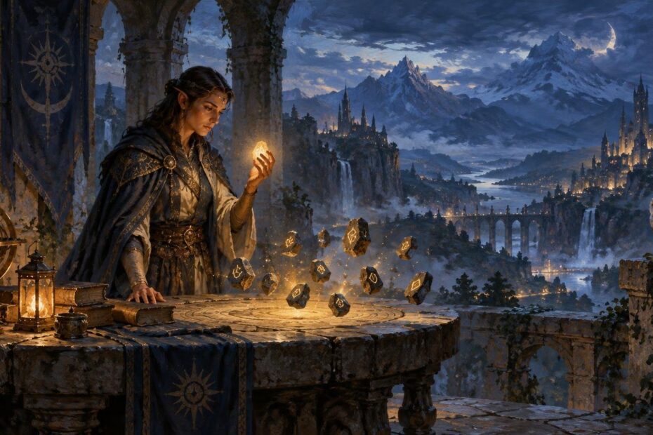 Painterly fantasy scene of a robed elf-like scholar studying glowing floating rune stones over a carved table, with lanterns, books, an owl, waterfalls, a distant illuminated city, and snowy mountains beneath a crescent moon.