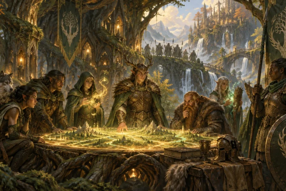 Wide fantasy painting of a diverse council of armored adventurers gathered around a glowing relief map in a grand forest city, with banners, waterfalls, distant towers, and mountains behind them.