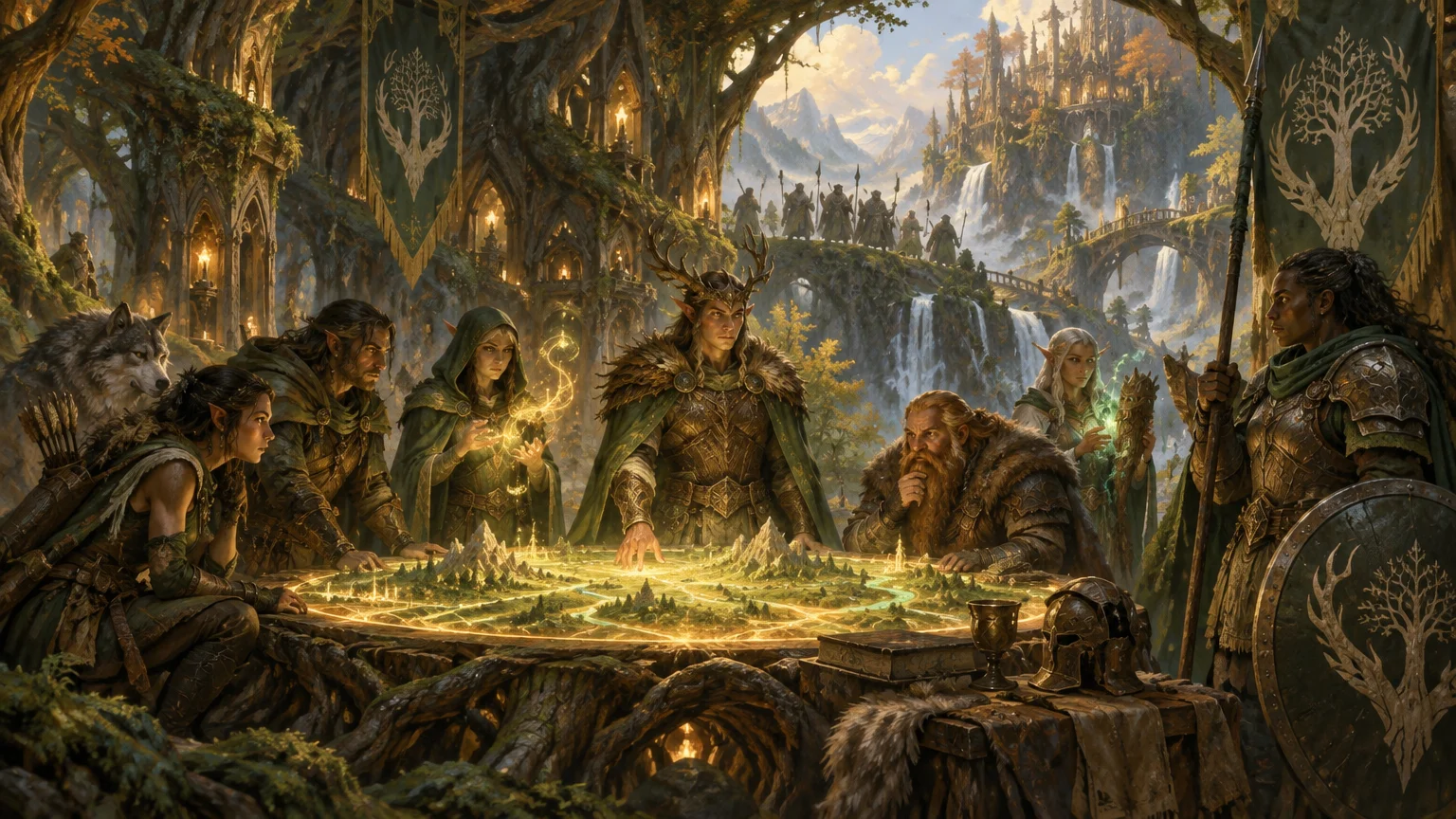 Wide fantasy painting of a diverse council of armored adventurers gathered around a glowing relief map in a grand forest city, with banners, waterfalls, distant towers, and mountains behind them.