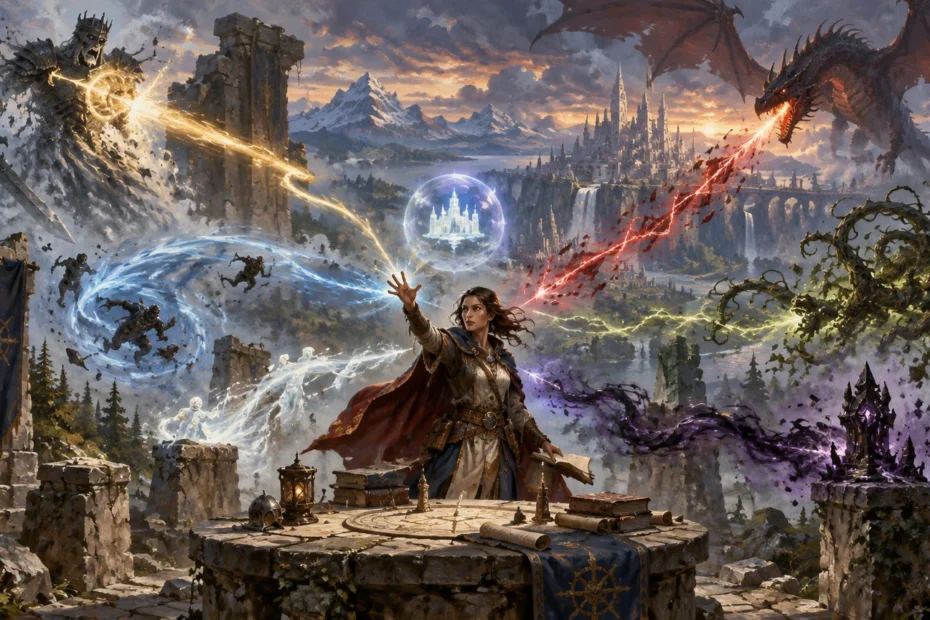 Painterly fantasy scene of a spellcaster at a stone strategy table, casting toward a dragon over a distant fortress while elemental magic and shadowy forces swirl through ruined mountain terrain.