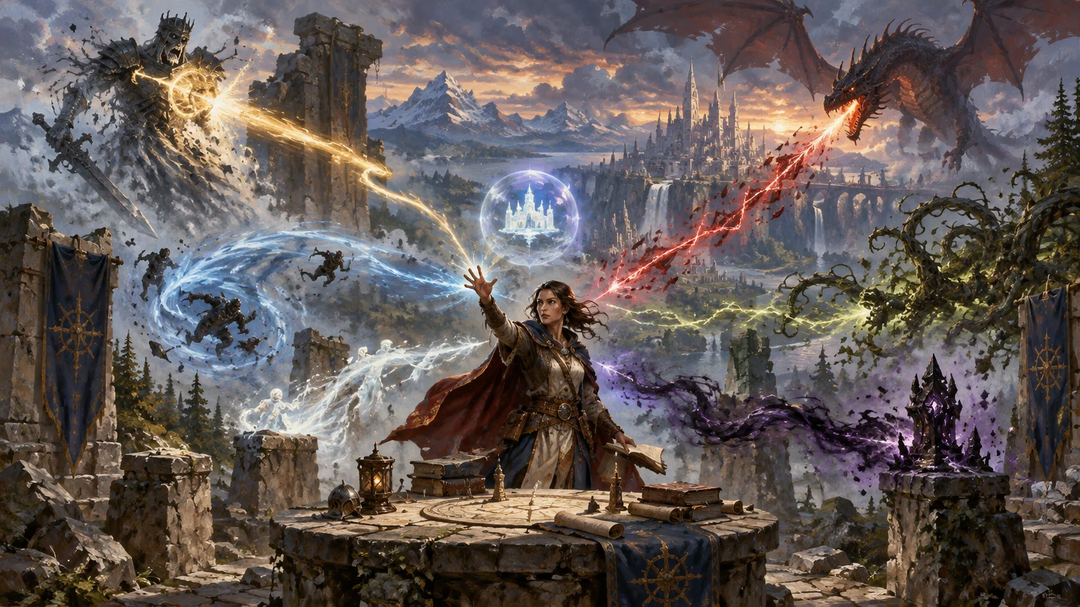 Painterly fantasy scene of a spellcaster at a stone strategy table, casting toward a dragon over a distant fortress while elemental magic and shadowy forces swirl through ruined mountain terrain.