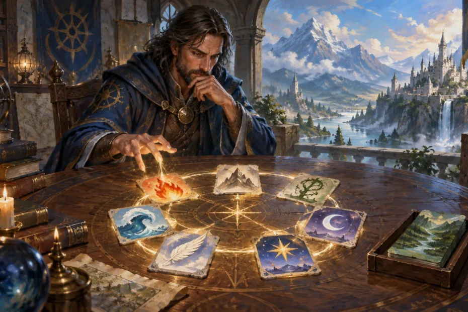 Painterly fantasy scene of a robed wizard studying glowing illustrated cards on a round table, with candles, books, a star globe, and a mountain city visible through an archway.
