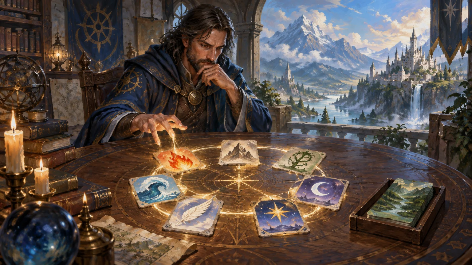 Painterly fantasy scene of a robed wizard studying glowing illustrated cards on a round table, with candles, books, a star globe, and a mountain city visible through an archway.