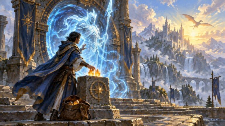 A blue-cloaked mage reaches toward a glowing spectral knight in a stone archway, with golden crystals in the foreground and a dragon flying above a sunlit mountain castle.