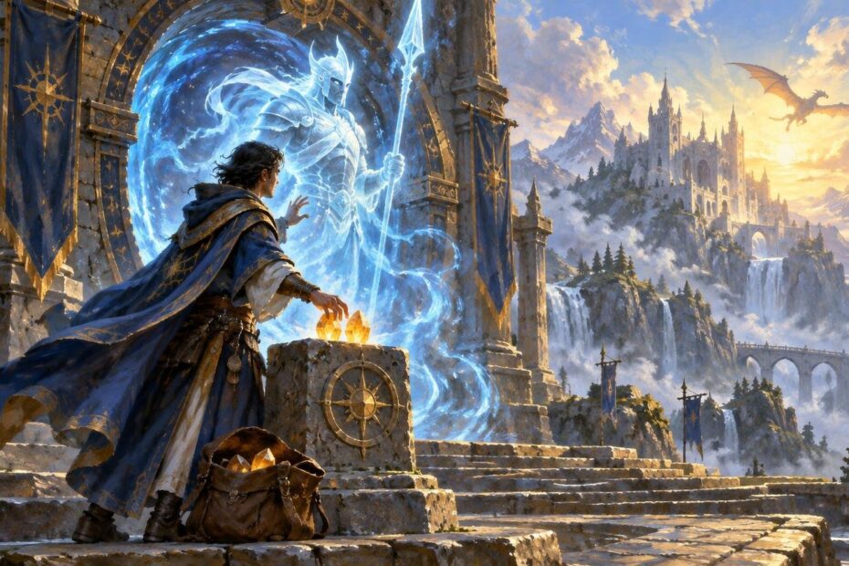 A blue-cloaked mage reaches toward a glowing spectral knight in a stone archway, with golden crystals in the foreground and a dragon flying above a sunlit mountain castle.