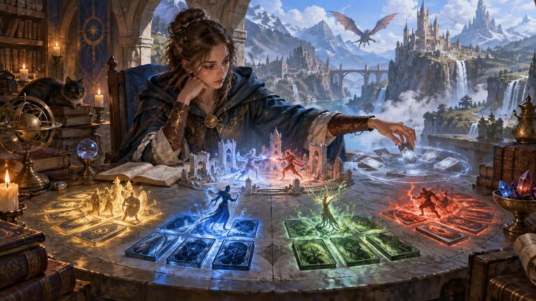 Fantasy painting of a cloaked woman arranging glowing card-like pieces on a round table, with miniature elemental figures, books, candles, a black cat, and a dragon flying over a castle-and-mountain landscape beyond an arched study window.