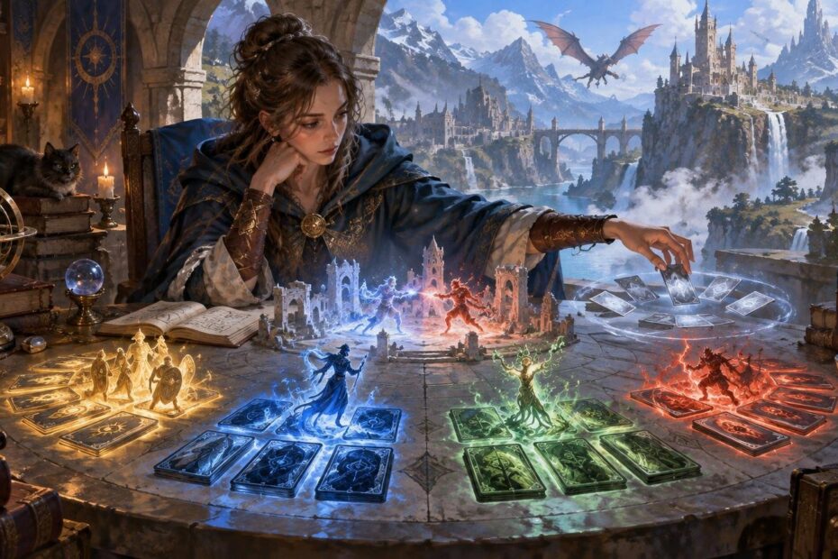 Fantasy painting of a cloaked woman arranging glowing card-like pieces on a round table, with miniature elemental figures, books, candles, a black cat, and a dragon flying over a castle-and-mountain landscape beyond an arched study window.