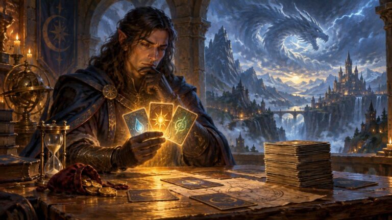 Painterly fantasy scene of a dark-haired elf-like strategist studying three glowing cards at a candlelit table, with an hourglass, coins, stacked cards, mountain castle, and spectral dragon in the stormy sky behind him.