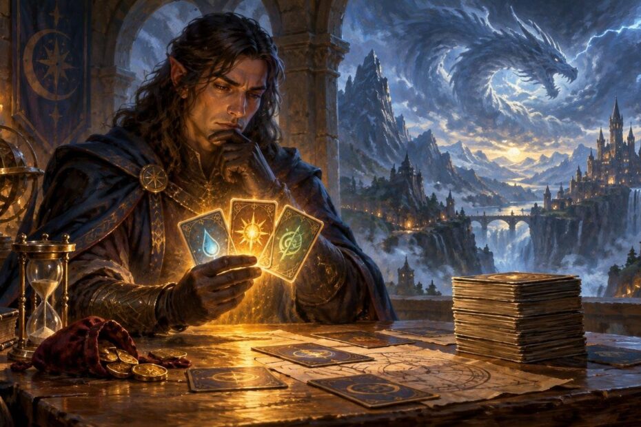 Painterly fantasy scene of a dark-haired elf-like strategist studying three glowing cards at a candlelit table, with an hourglass, coins, stacked cards, mountain castle, and spectral dragon in the stormy sky behind him.