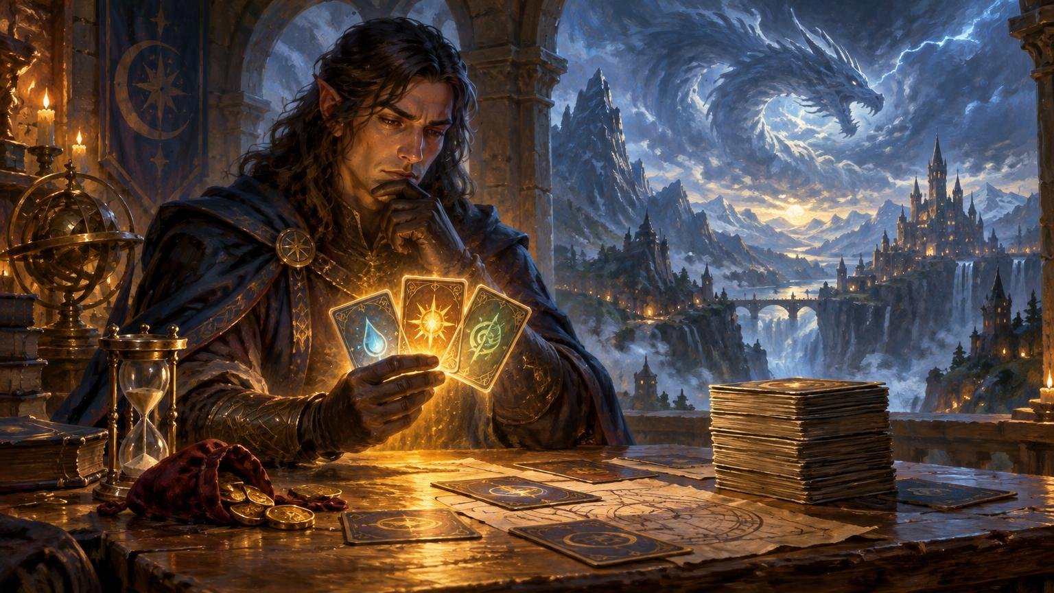 Painterly fantasy scene of a dark-haired elf-like strategist studying three glowing cards at a candlelit table, with an hourglass, coins, stacked cards, mountain castle, and spectral dragon in the stormy sky behind him.