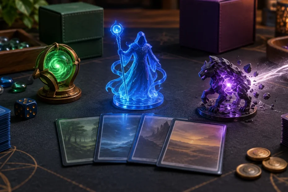 Fantasy tabletop setup with sleeved card stacks, four landscape-art cards, dice, round counters, deck boxes, and glowing blue and purple wizard and creature miniatures on a dark playmat.