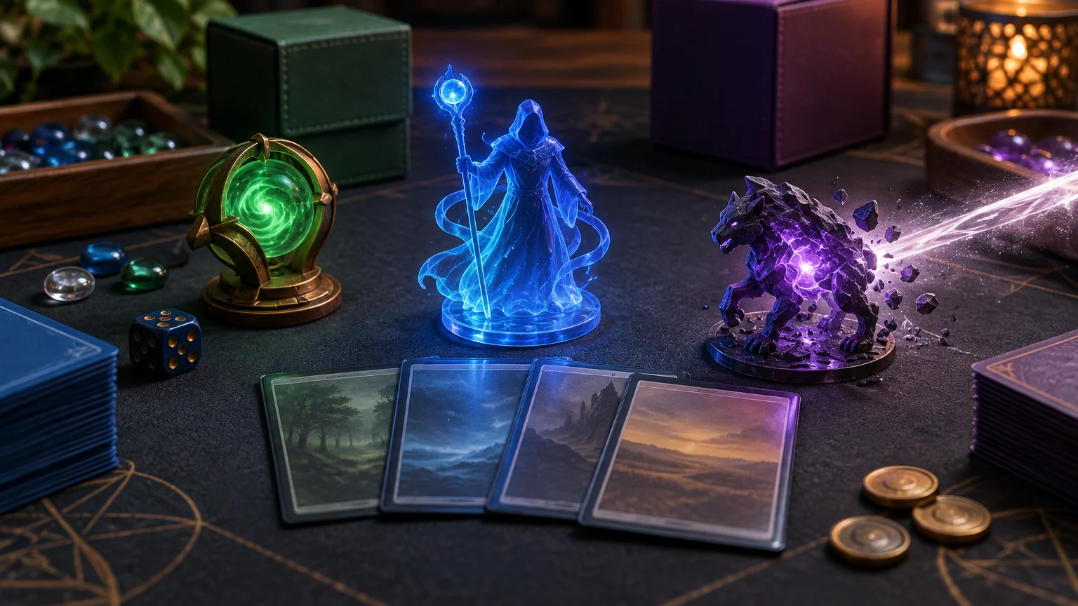 Fantasy tabletop setup with sleeved card stacks, four landscape-art cards, dice, round counters, deck boxes, and glowing blue and purple wizard and creature miniatures on a dark playmat.