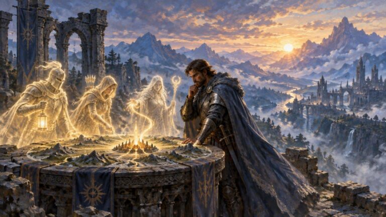 Wide fantasy scene of an armored man studying a glowing miniature landscape table beside three luminous robed figures, with ruined arches, banners, distant mountains, and a sunlit castle city beyond.