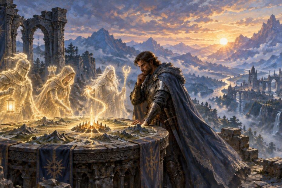 Wide fantasy scene of an armored man studying a glowing miniature landscape table beside three luminous robed figures, with ruined arches, banners, distant mountains, and a sunlit castle city beyond.