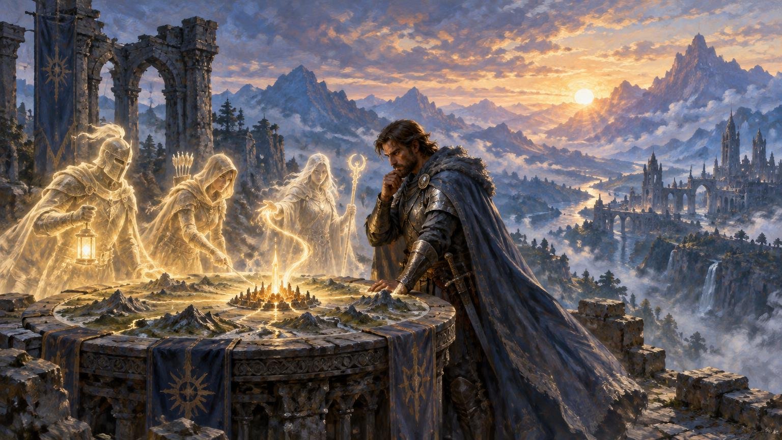 Wide fantasy scene of an armored man studying a glowing miniature landscape table beside three luminous robed figures, with ruined arches, banners, distant mountains, and a sunlit castle city beyond.