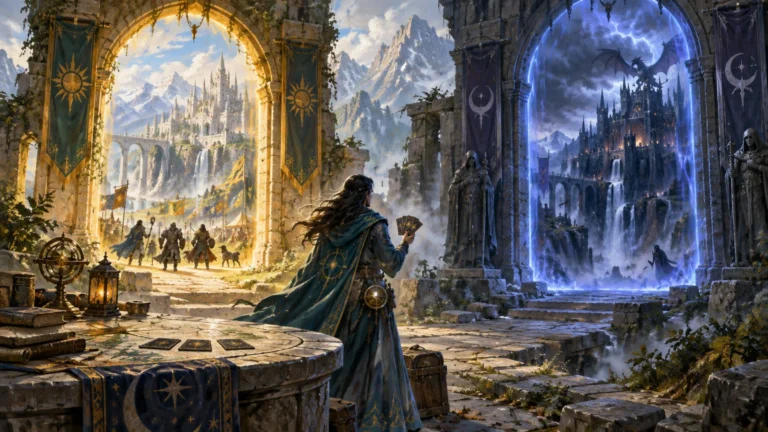 Wide painterly fantasy scene of a cloaked wizard holding a fan of cards between two ruined stone arches: a bright mountain city and gathering figures lie beyond the left arch, while a blue portal reveals a dark fortress and dragon on the right. Cards, books, lanterns, and a brass armillary sphere sit on a round stone table in the foreground.
