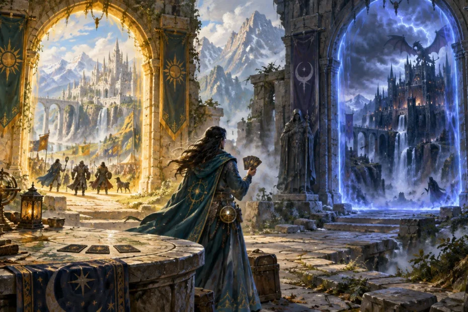 Wide painterly fantasy scene of a cloaked wizard holding a fan of cards between two ruined stone arches: a bright mountain city and gathering figures lie beyond the left arch, while a blue portal reveals a dark fortress and dragon on the right. Cards, books, lanterns, and a brass armillary sphere sit on a round stone table in the foreground.