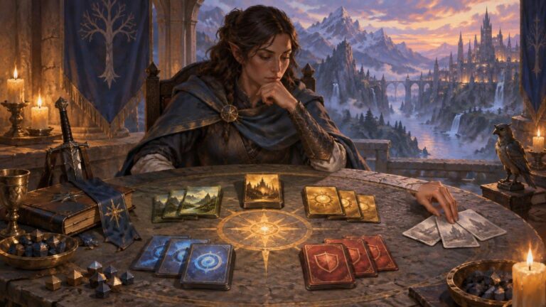 Painterly fantasy scene of an elf-like woman studying several stacks of illustrated cards at a candlelit stone table, with dice, books, a sword, and a distant mountain city beyond an open hall.