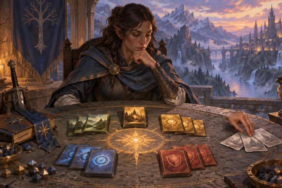 Painterly fantasy scene of an elf-like woman studying several stacks of illustrated cards at a candlelit stone table, with dice, books, a sword, and a distant mountain city beyond an open hall.