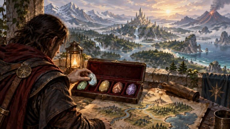 Painterly fantasy scene of an armored traveler selecting a glowing blue rune stone from an open velvet-lined case beside a lantern, map, and telescope, overlooking a distant castle, mountains, waterfalls, and coast at sunset.