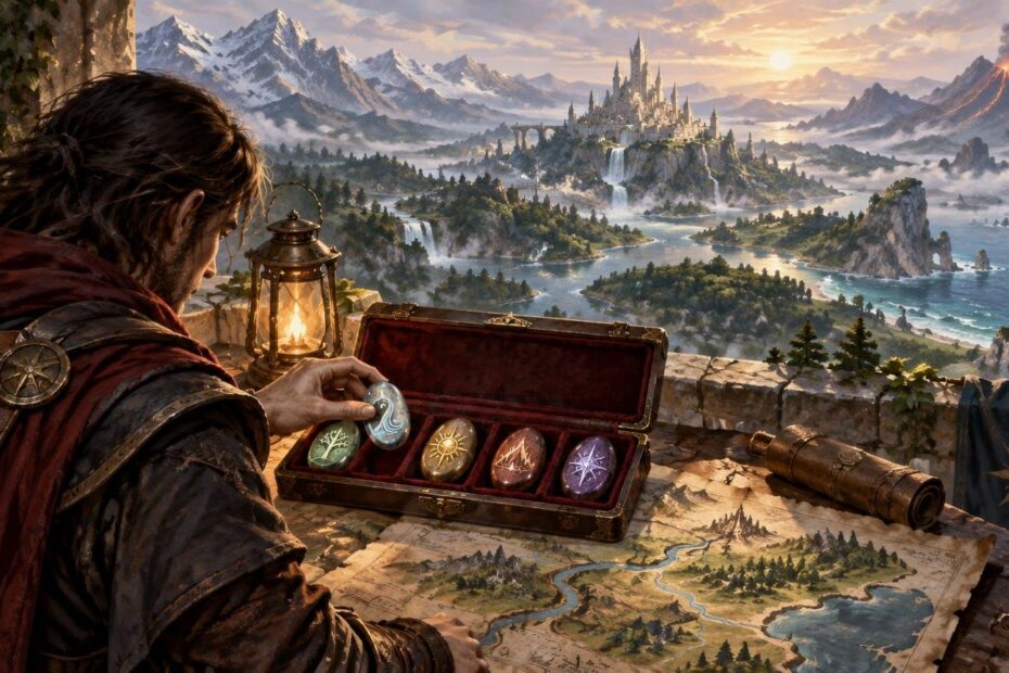 Painterly fantasy scene of an armored traveler selecting a glowing blue rune stone from an open velvet-lined case beside a lantern, map, and telescope, overlooking a distant castle, mountains, waterfalls, and coast at sunset.