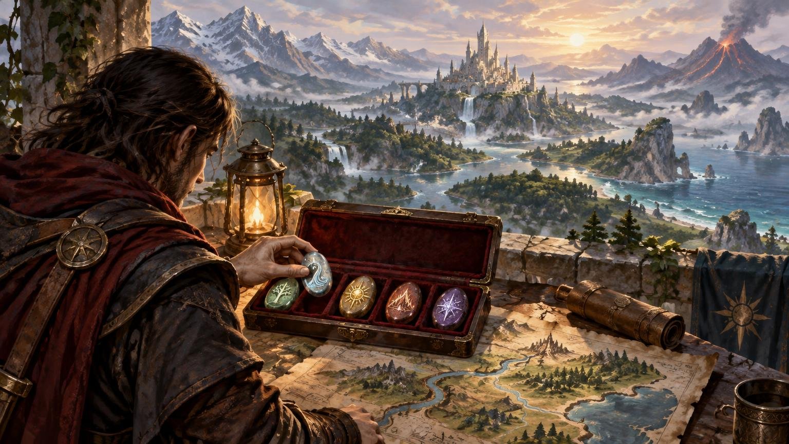 Painterly fantasy scene of an armored traveler selecting a glowing blue rune stone from an open velvet-lined case beside a lantern, map, and telescope, overlooking a distant castle, mountains, waterfalls, and coast at sunset.