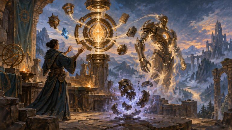 Painterly fantasy scene of a robed mage on a ruined terrace conjuring a glowing crystal mechanism and a towering brass-and-stone construct, with floating artifacts, mountains, and a distant castle under a dramatic sky.