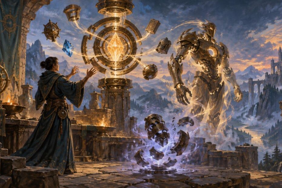 Painterly fantasy scene of a robed mage on a ruined terrace conjuring a glowing crystal mechanism and a towering brass-and-stone construct, with floating artifacts, mountains, and a distant castle under a dramatic sky.