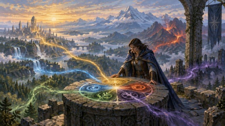 Painterly fantasy vista of a cloaked figure standing over a round stone table marked with five glowing colored magical circles, with a distant city, waterfalls, snowy mountains, and a volcanic ridge behind them.