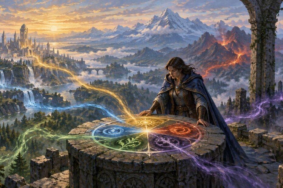 Painterly fantasy vista of a cloaked figure standing over a round stone table marked with five glowing colored magical circles, with a distant city, waterfalls, snowy mountains, and a volcanic ridge behind them.