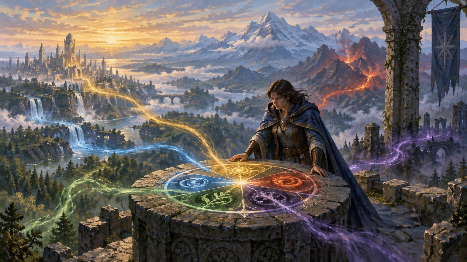 Painterly fantasy vista of a cloaked figure standing over a round stone table marked with five glowing colored magical circles, with a distant city, waterfalls, snowy mountains, and a volcanic ridge behind them.