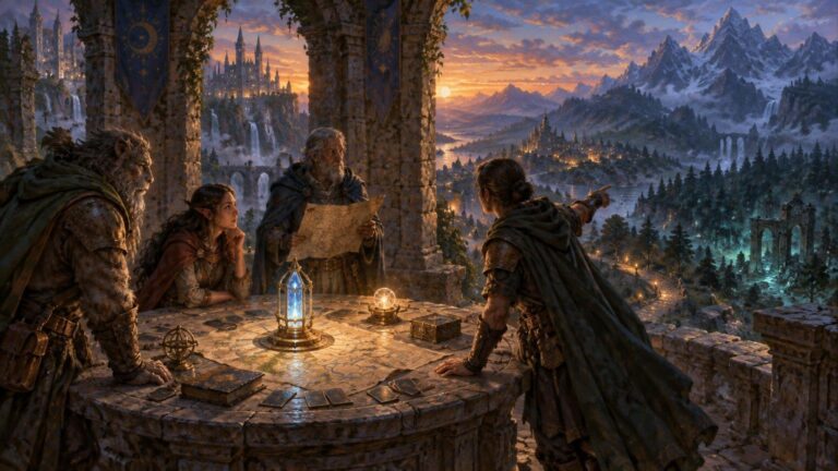 Four fantasy adventurers gather around a stone table covered with small cards, maps, and glowing magical instruments, overlooking a vast valley of castles, forests, waterfalls, and snowy mountains at sunset.