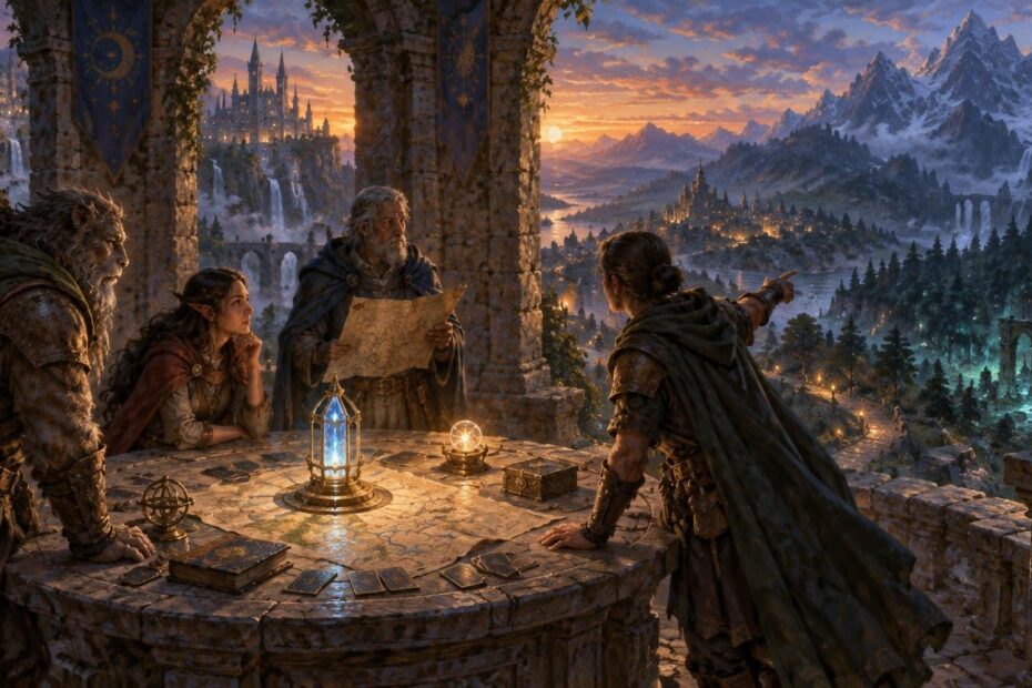 Four fantasy adventurers gather around a stone table covered with small cards, maps, and glowing magical instruments, overlooking a vast valley of castles, forests, waterfalls, and snowy mountains at sunset.