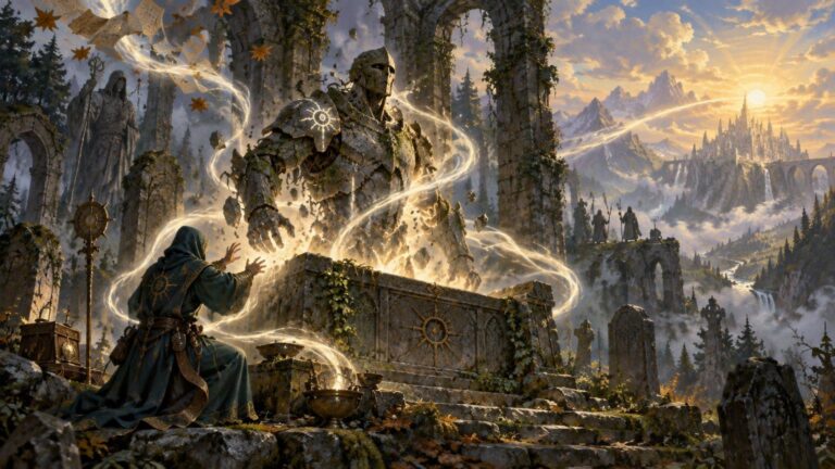 Painterly fantasy scene of a hooded mage raising a colossal cracked stone guardian from a vine-covered tomb, with glowing white magic spiraling through ruined arches toward a sunlit mountain city.