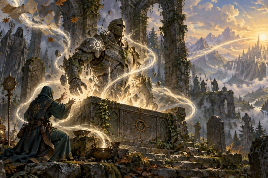 Painterly fantasy scene of a hooded mage raising a colossal cracked stone guardian from a vine-covered tomb, with glowing white magic spiraling through ruined arches toward a sunlit mountain city.