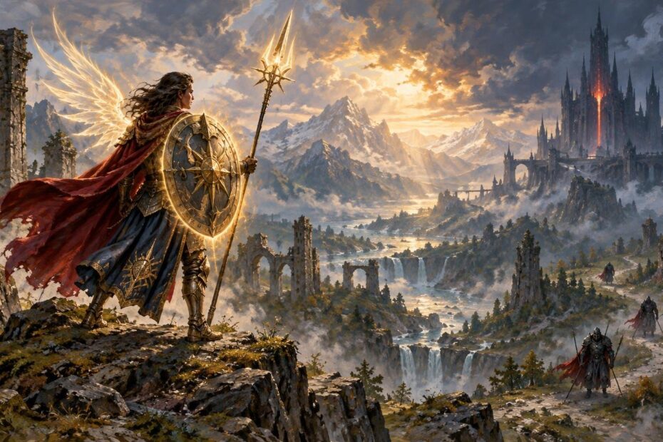 Wide fantasy landscape of an armored warrior with glowing feathered wings, a red cape, spear, and ornate round shield standing on a rocky cliff above ruined arches, waterfalls, distant mountains, and a dark spired castle.