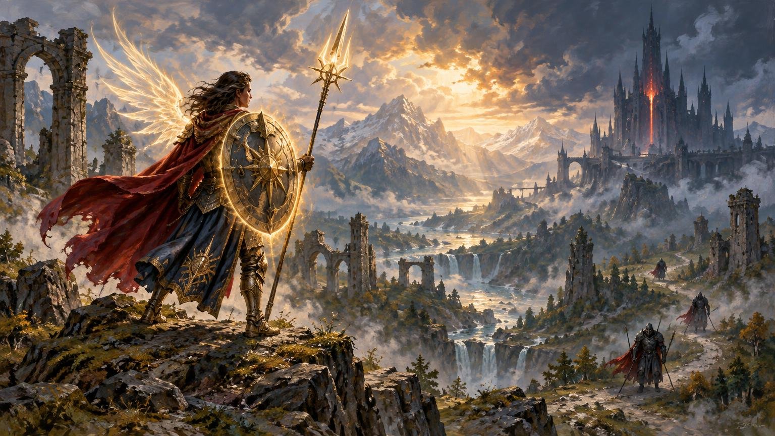 Wide fantasy landscape of an armored warrior with glowing feathered wings, a red cape, spear, and ornate round shield standing on a rocky cliff above ruined arches, waterfalls, distant mountains, and a dark spired castle.