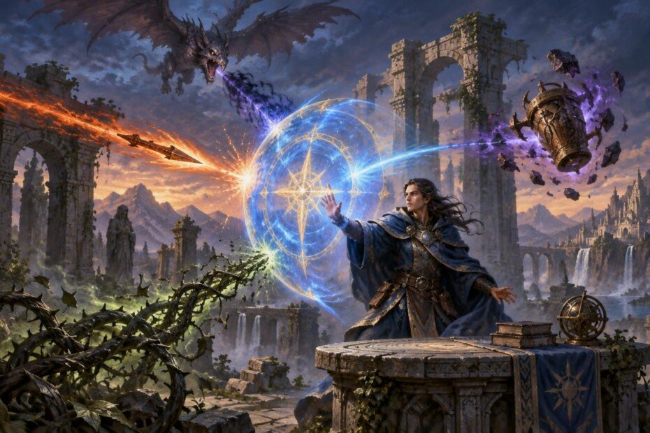 Painterly fantasy scene of a robed mage raising a glowing blue magical shield to block fiery, shadowy, and thorny attacks amid ruined arches, waterfalls, distant mountains, and a flying dragon.