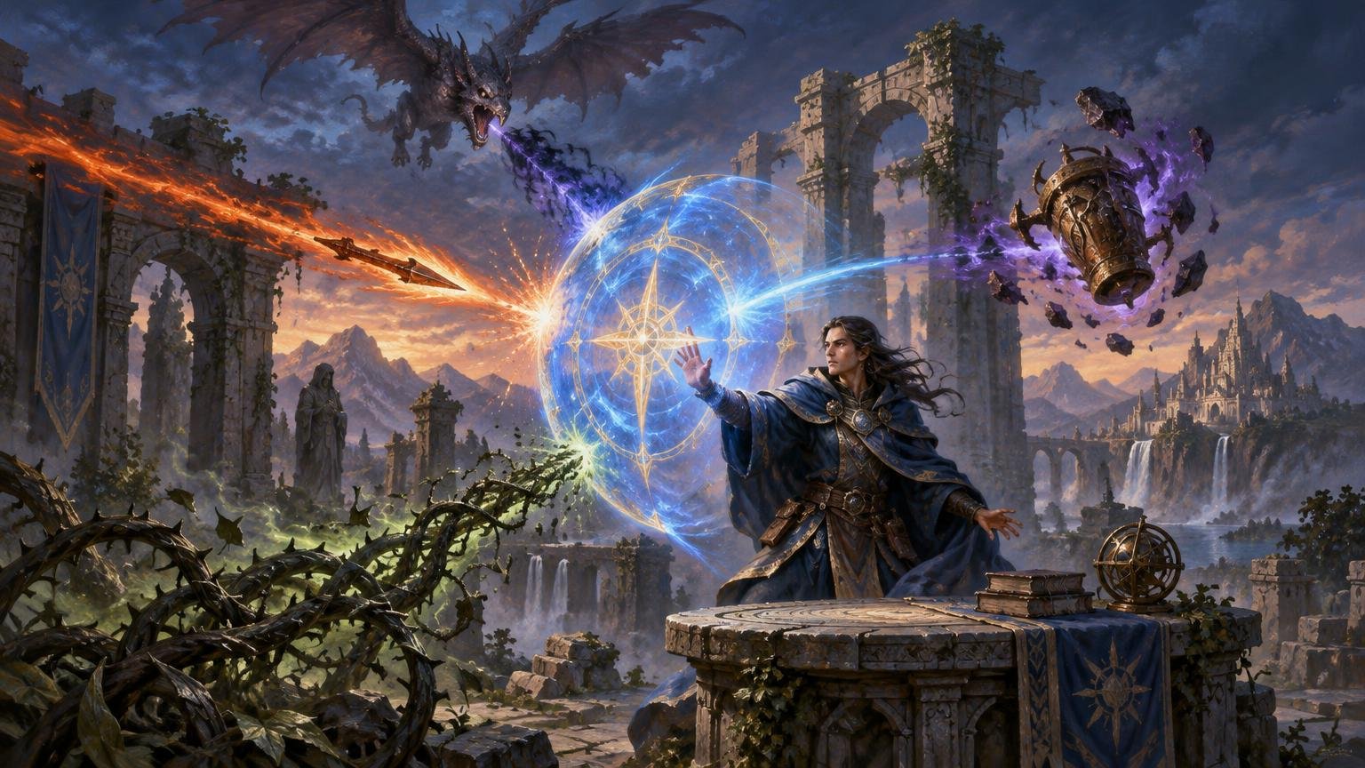 Painterly fantasy scene of a robed mage raising a glowing blue magical shield to block fiery, shadowy, and thorny attacks amid ruined arches, waterfalls, distant mountains, and a flying dragon.