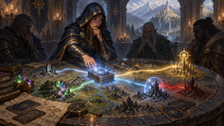 Painterly fantasy scene of four armored strategists around a glowing map-table, with a stack of ornate cards at the center and miniature magical realms spreading across the map.