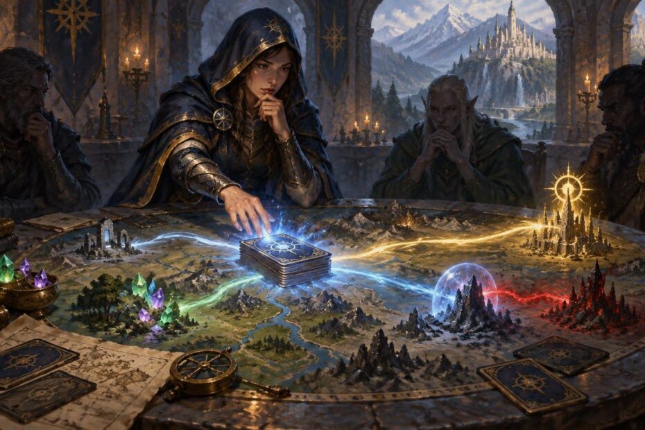 Painterly fantasy scene of four armored strategists around a glowing map-table, with a stack of ornate cards at the center and miniature magical realms spreading across the map.