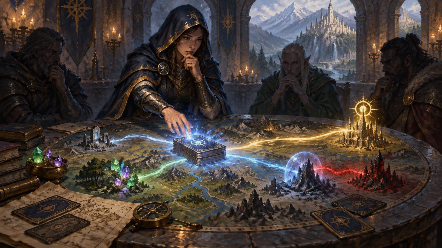 Painterly fantasy scene of four armored strategists around a glowing map-table, with a stack of ornate cards at the center and miniature magical realms spreading across the map.