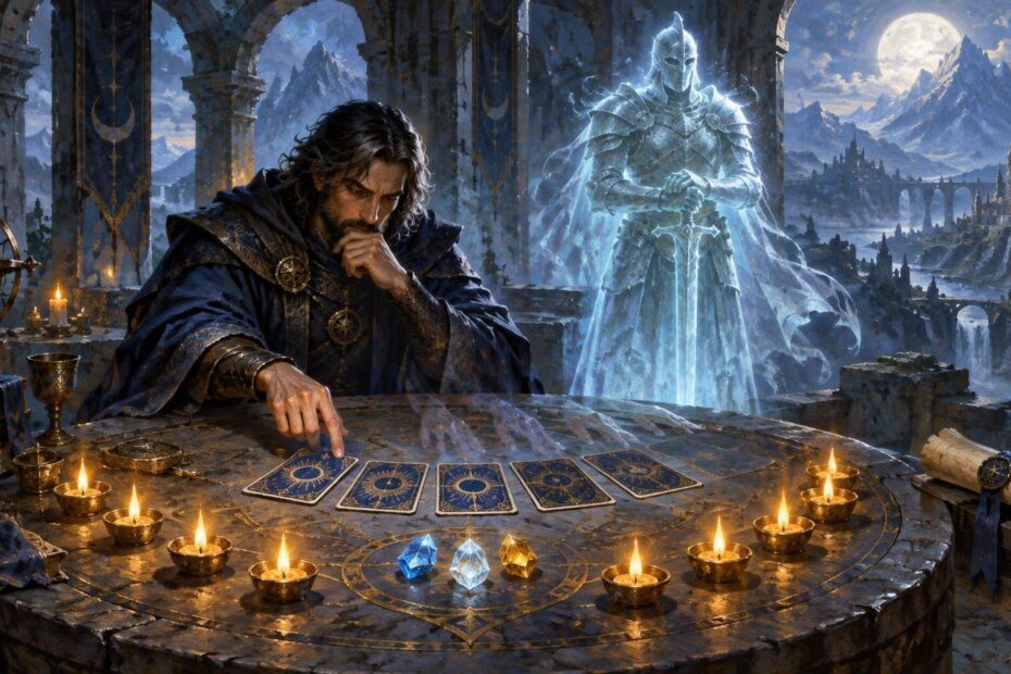 Painterly fantasy scene of a robed man studying five face-down cards at a candlelit stone table, with a glowing spectral knight, moonlit mountains, and a distant castle behind him.